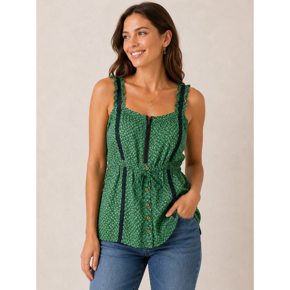 Anthropologie Womens Size 12 Green Cold Shoulder Boho Peasant Blouse Top